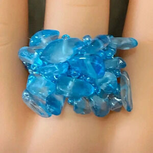 Brilliant Teal Handmade Seed Bead and Stone Chips Stretch Ring